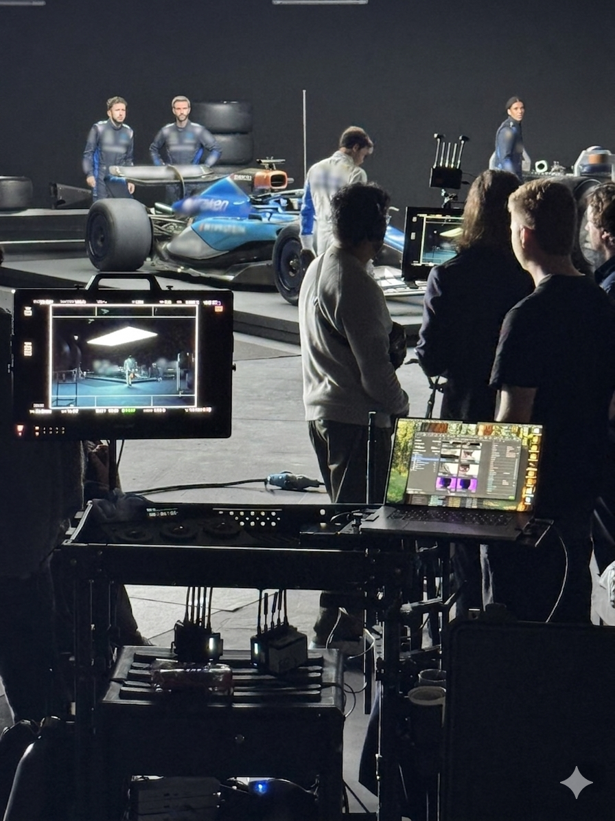 A car shoot on a dark stage, crew watching a D.I.T monitor and grading laptop next to the camera